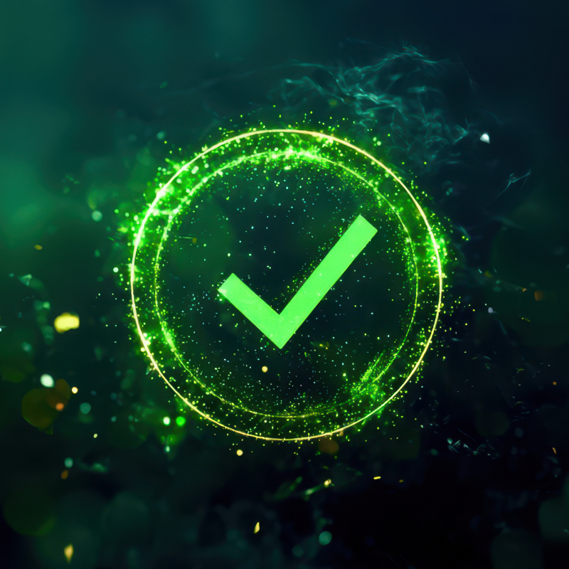 A green check mark is surrounded by a green background.
