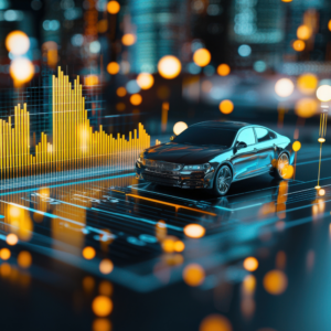 A modern car displayed with dynamic data visualization, symbolizing the intersection of technology and automotive industry growth.