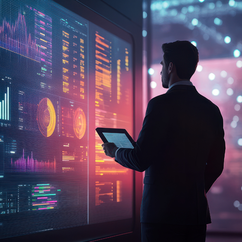 A businessman standing in front of a large presentation screen, analyzing sales data and discussing strategies for optimizing performance and driving revenue growth.
