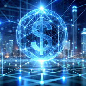 Global finance network connects cities with glowing dollar symbol.