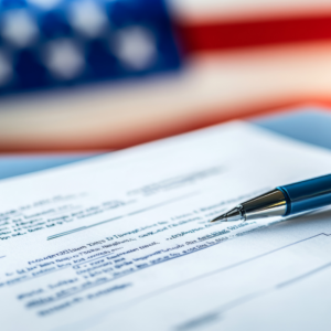 a pen lying across a government contract with the us flag in the background.