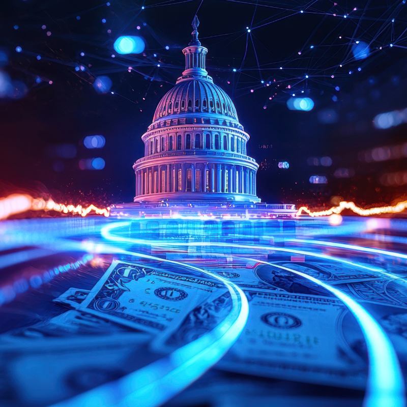 vibrant depiction of united states capitol building, symbolizing global economy
