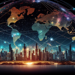 globe with city skyline in the background.