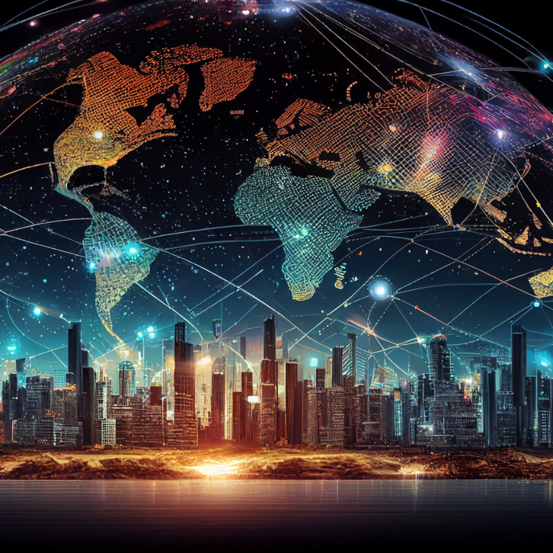 globe with city skyline in the background.