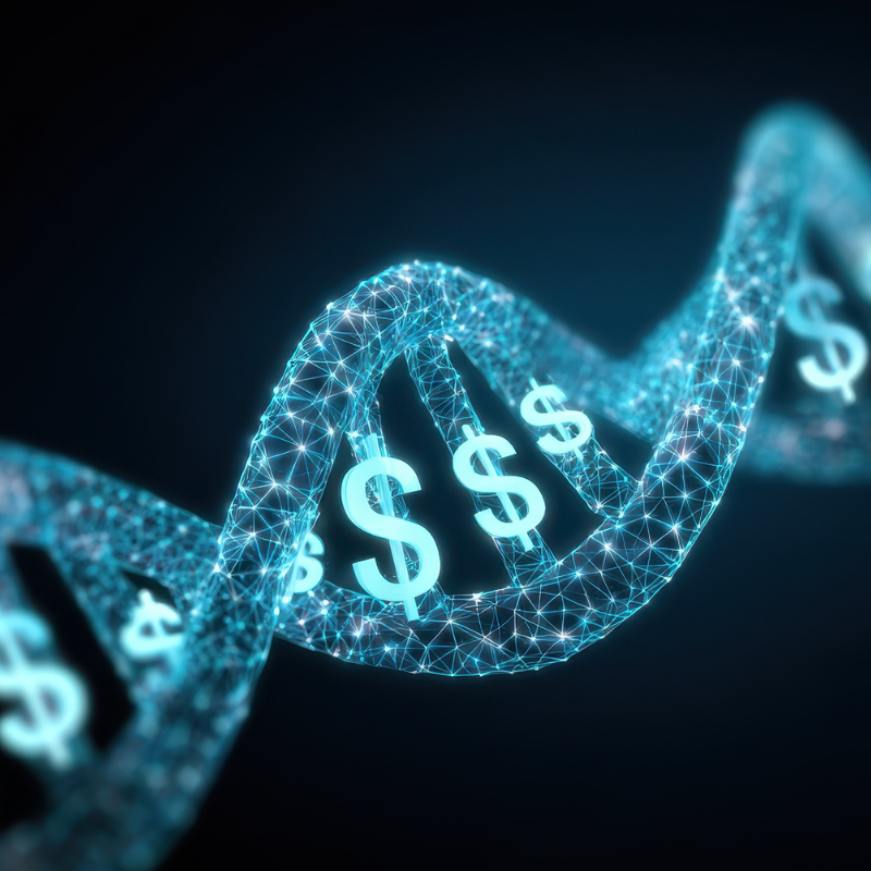 DNA helix with dollar sign representing the value of life sciences.