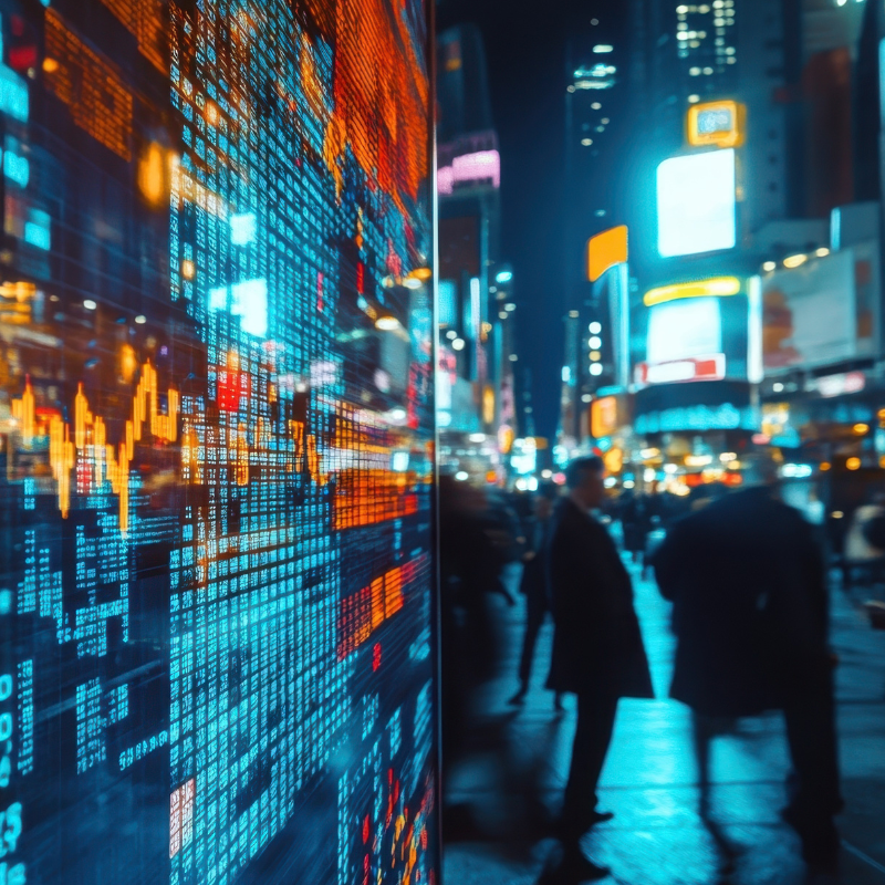 Large electronic stock market ticker showing trends with orange and blue numbers and graphs reflected on wet street in times square, new york city,