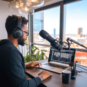 a male influencer creating content for a podcast.