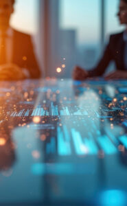 Business professionals reviewing performance data at a conference table.