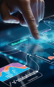 Hand interacting with a digital dashboard displaying connected data and analytics.