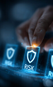 Hand selecting a digital risk icon on a virtual interface.