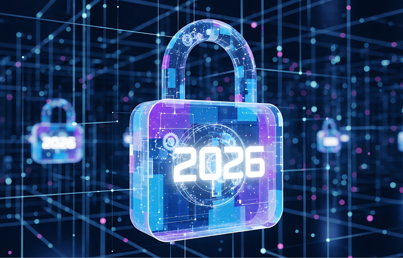 cybersecurity digital lock with the year 2026.