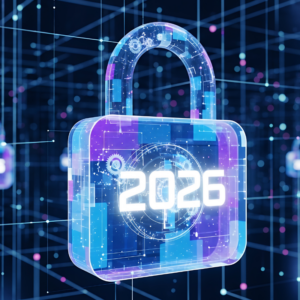 cybersecurity digital lock with the year 2026.