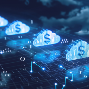 A visual representation of cloud icons overlaid with dollar signs and financial charts.