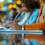 a woman in a business meeting taking handwritten notes.