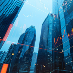 financial district in a city with stock market tickers in the background.