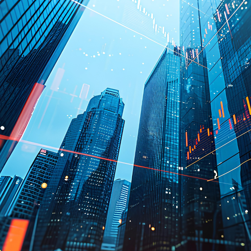 financial district in a city with stock market tickers in the background.