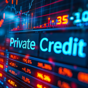 Dynamic business stock market display showcasing Private Credit in bright neon lights, reflecting financial data, investment trends, and private lending industry.