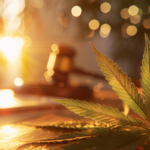 Close-up of a cannabis leaf on a wooden table with blurred legal documents and a gavel in the background.