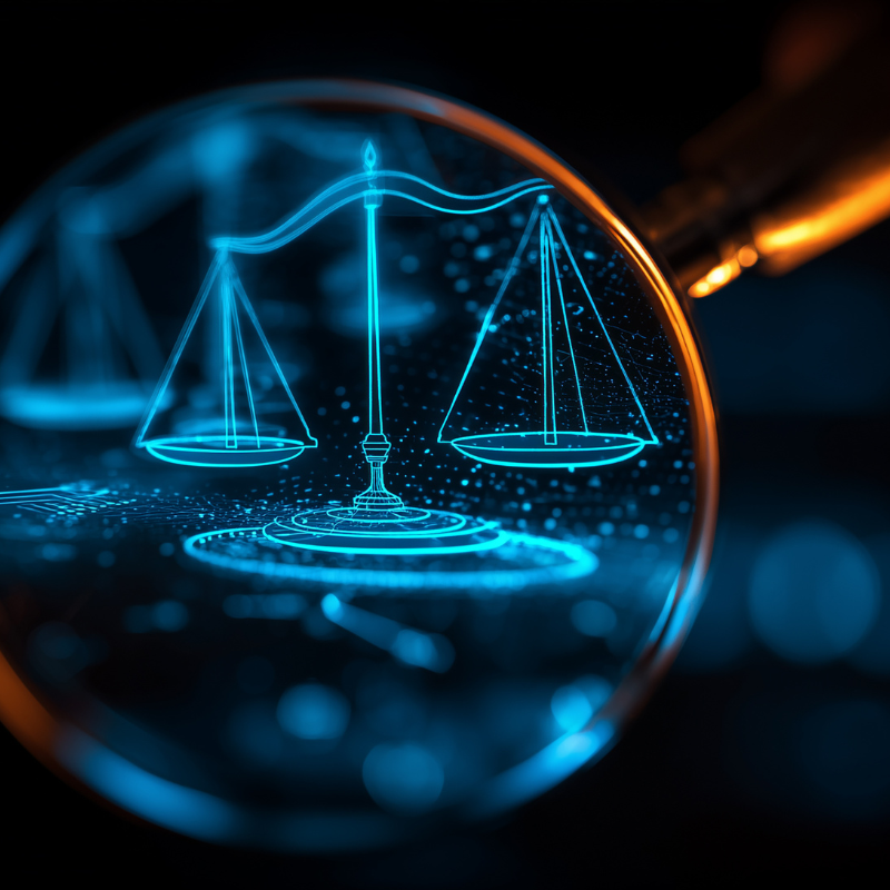 legal scales of justice under a magnifying glass