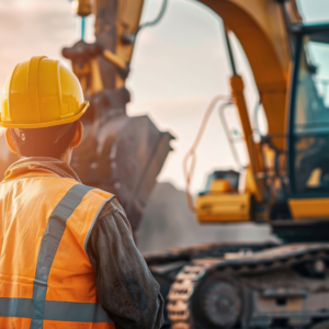 construction worker in a hard hat with an excavator in the background