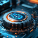 Cutting-edge R&D circuit board detail, glowing technology innovation, microchip with intricate patterns.