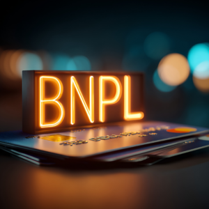 BNPL in neon letters sitting on a stack of credit cards.