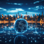 glowing globe with a city skyline in background.