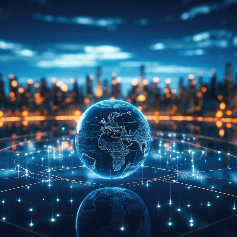 glowing globe with a city skyline in background.