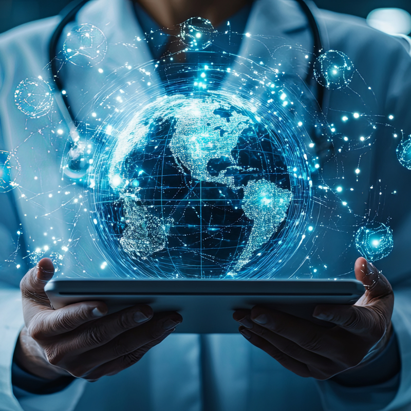 Innovative research in healthcare with advanced digital technology showcasing a global perspective