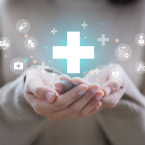 Woman hand holding plus icon for the healthcare medical icon.