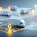 Delivery trucks on a mapped route network representing logistics planning, cargo distribution and supply chain coordination.