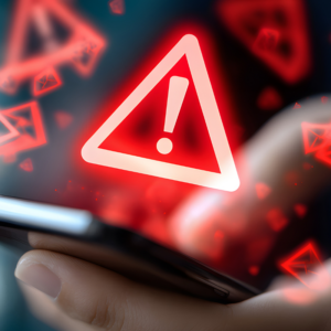 red glowing caution symbol representing a scam