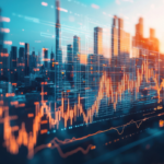 Dynamic city skyline with overlaying financial data analysis and stock market trends during sunset.