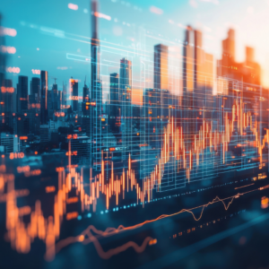 Dynamic city skyline with overlaying financial data analysis and stock market trends during sunset.