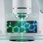 White microscope objective lens scanning laboratory glass slide with glowing hexagonal chemical bonds representing bioinformatics data analysis.