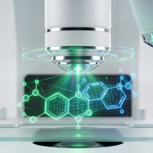 White microscope objective lens scanning laboratory glass slide with glowing hexagonal chemical bonds representing bioinformatics data analysis.