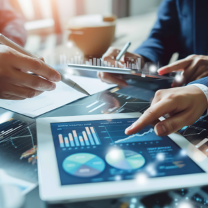 Professionals explore complex data analytics displayed on digital tablet