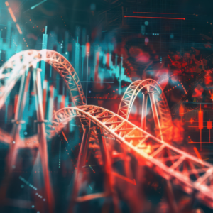 A rollercoaster looping through financial symbols representing the unpredictable nature of risks in the economy.