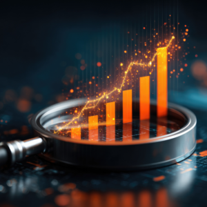 Analyzing business growth through financial graphs with a magnifying glass in a digital environment for enhanced insight