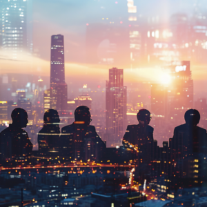 multiple exposure shot of businesspeople in an office superimposed on a cityscape.