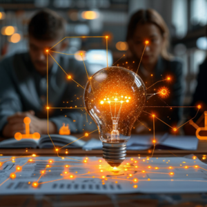 Innovative startup team planning with digital mind maps, technology at the forefront