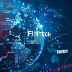 Abstract digital globe with text "FINTECH", global network and financial technology on blue background.