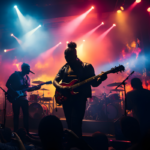 A band playing in a pub with multi-colored lights and people dancing,