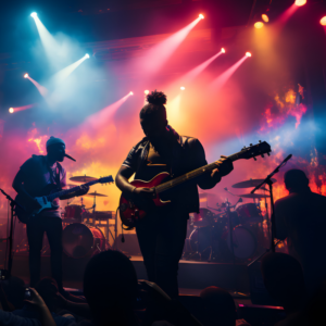 A band playing in a pub with multi-colored lights and people dancing,