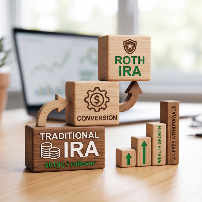 Roth IRA Conversion Concept with Wooden Blocks for Retirement Planning and Wealth Growth