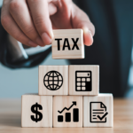 Tax Planning Concept: Businessman Arranging Wooden Blocks with Financial Icons and TAX Text Representing Corporate Finance and Growth Strategy
