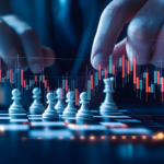 Business strategy concept with businessman playing chess on financial background, stock market graph overlay symbolizing investment, growth, and decision-making.
