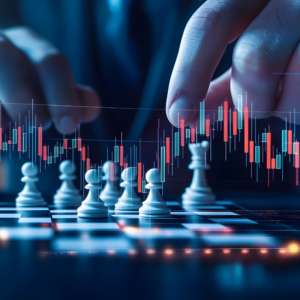 Business strategy concept with businessman playing chess on financial background, stock market graph overlay symbolizing investment, growth, and decision-making.