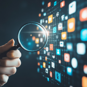 Exploring digital insights a hand with a magnifying glass over social media icons virtual environment close-up view