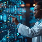 Doctor interacting with a futuristic digital interface displaying medical data and analytics in a high-tech healthcare environment